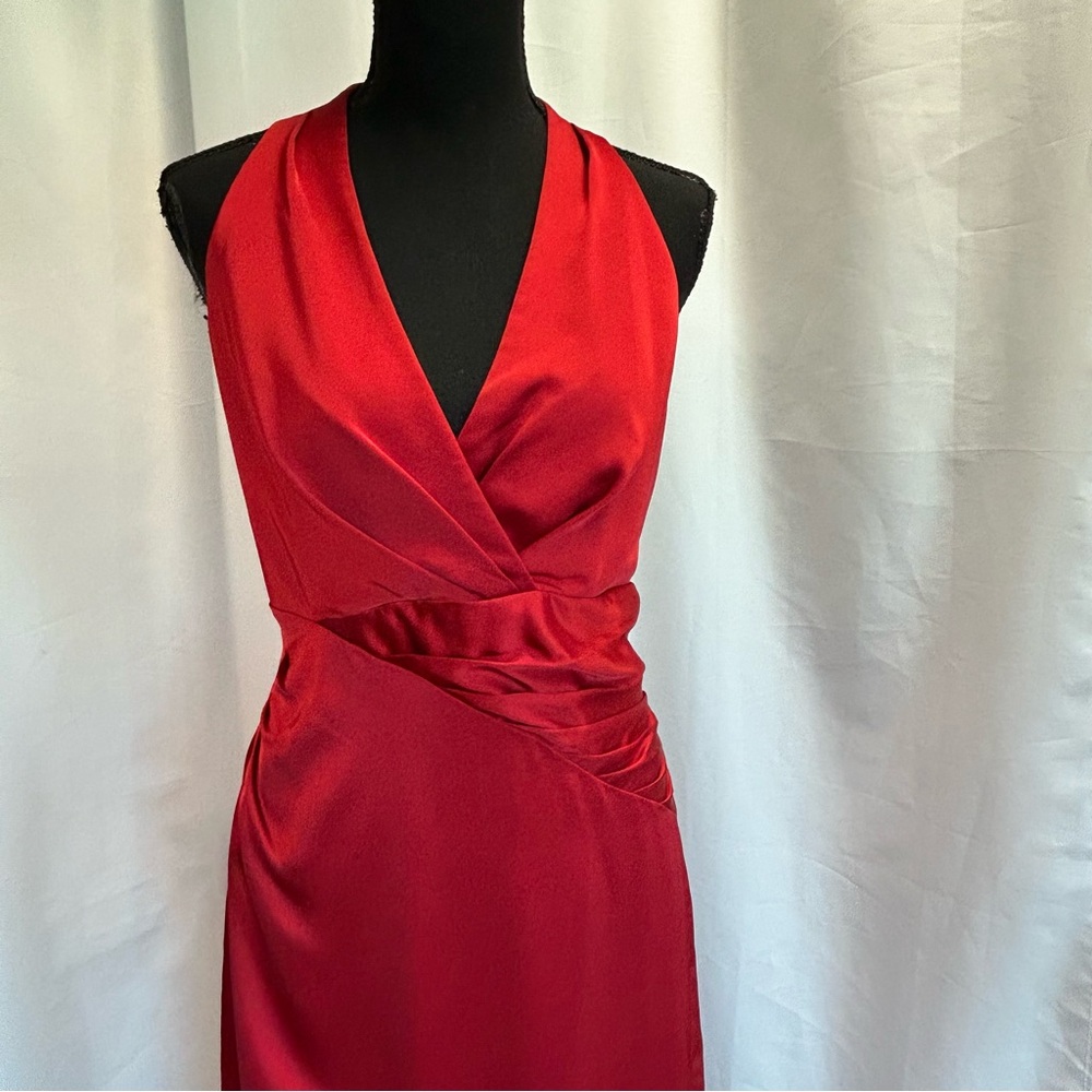 Lauren Ralph Lauren Red Sleeveless Pleated Satin Charmeuse Halter Maxi Gown 10 - Picture 6 of 17